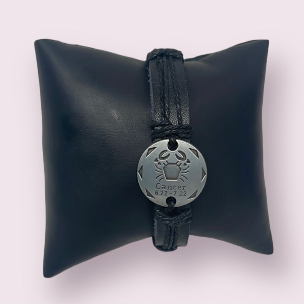 Cancer Zodiac Black Leather Bracelet